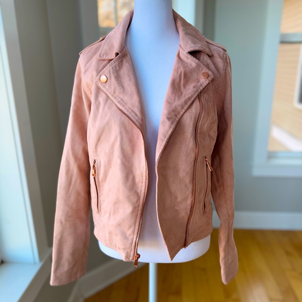 A New Day Blush Pink Suede Cropped Moto Jacket Rose Gold Details Size Small